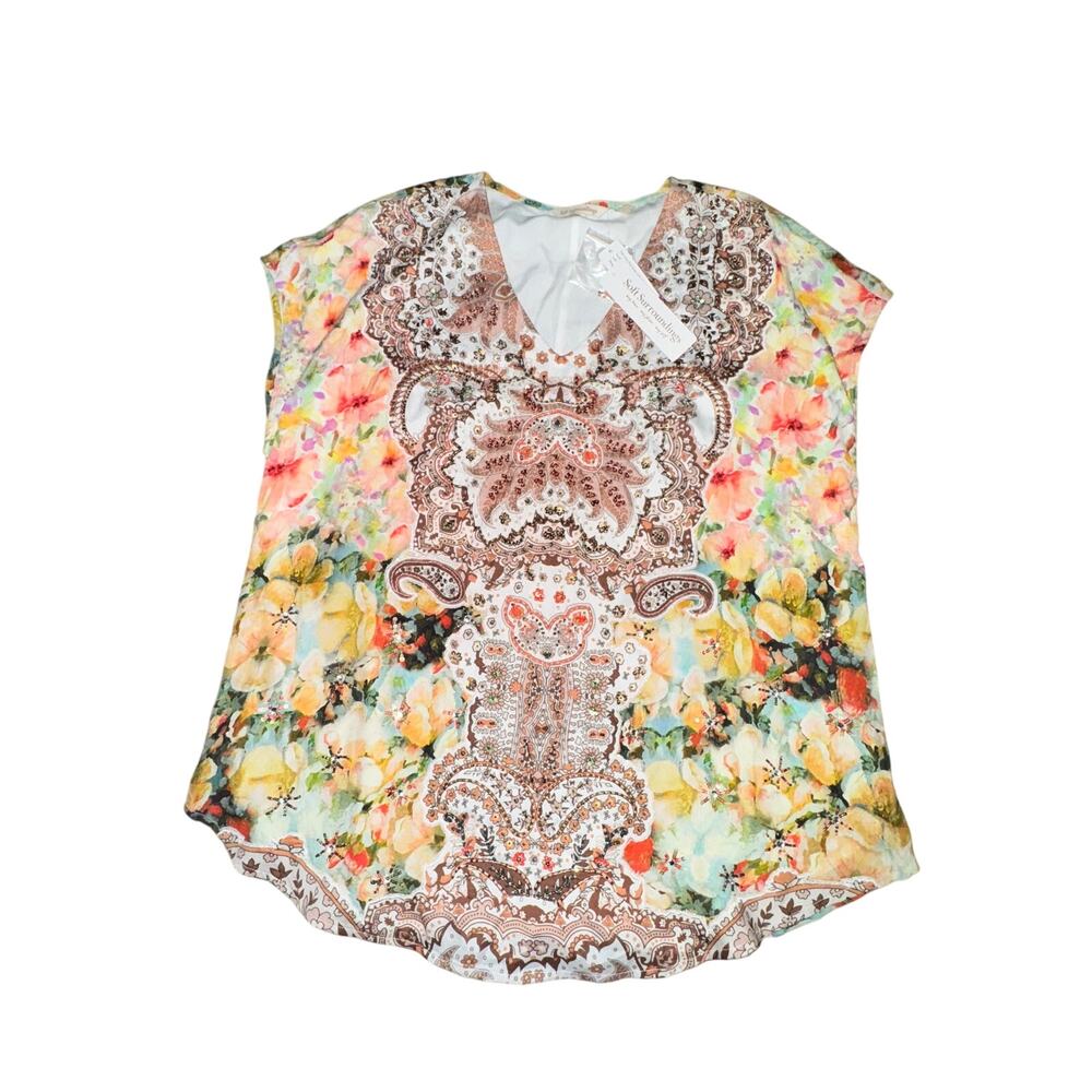 Soft Surroundings Patricia Tunic Blouse Women's Size L Golden Floral Beaded NWT